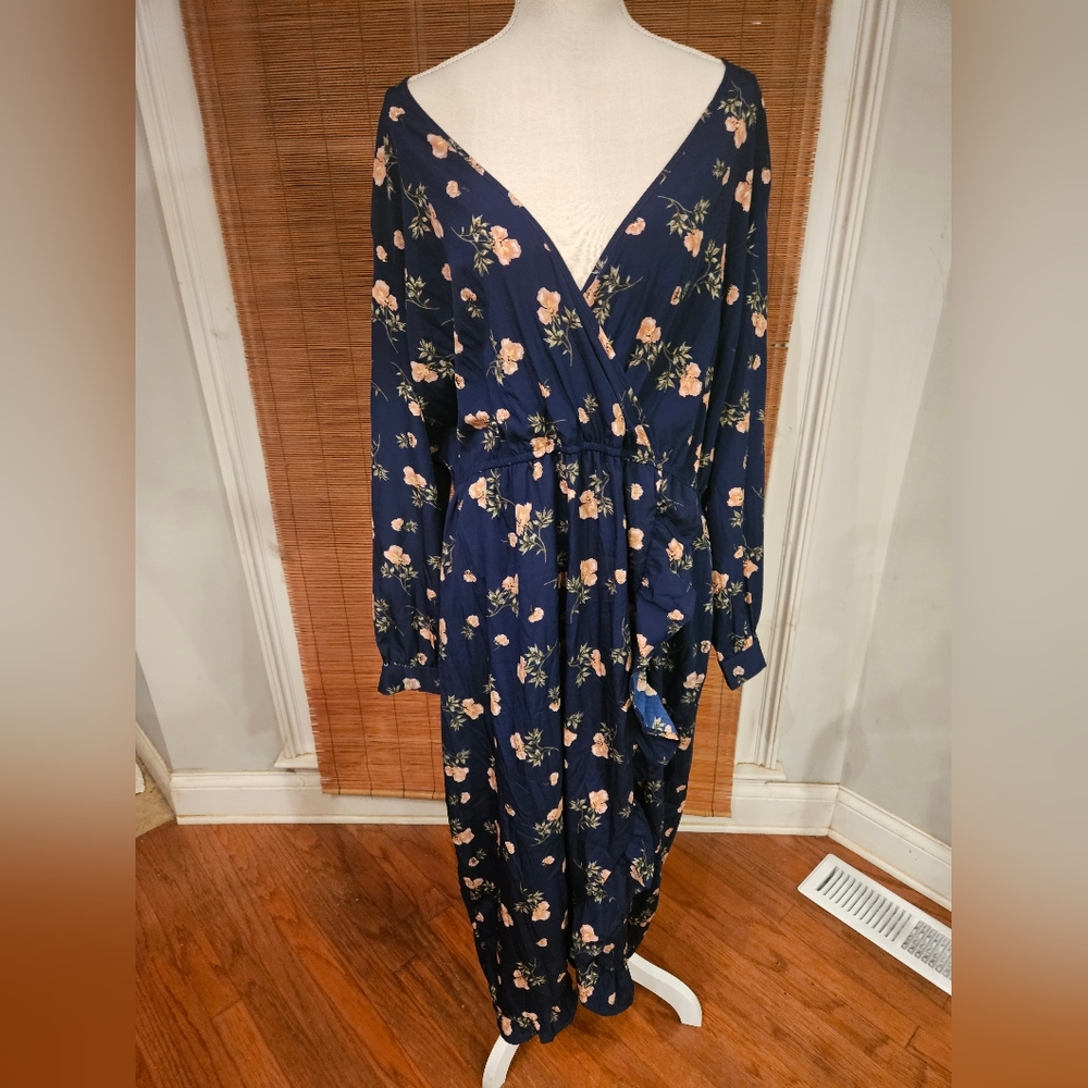 INFLUENCE ASOS navy faux wrap midi dress with pink floral print and ruffle